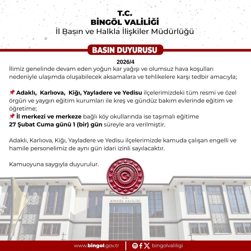 Taşımalı Eğitim ve 4 İlçe İçin Tatil Kararı